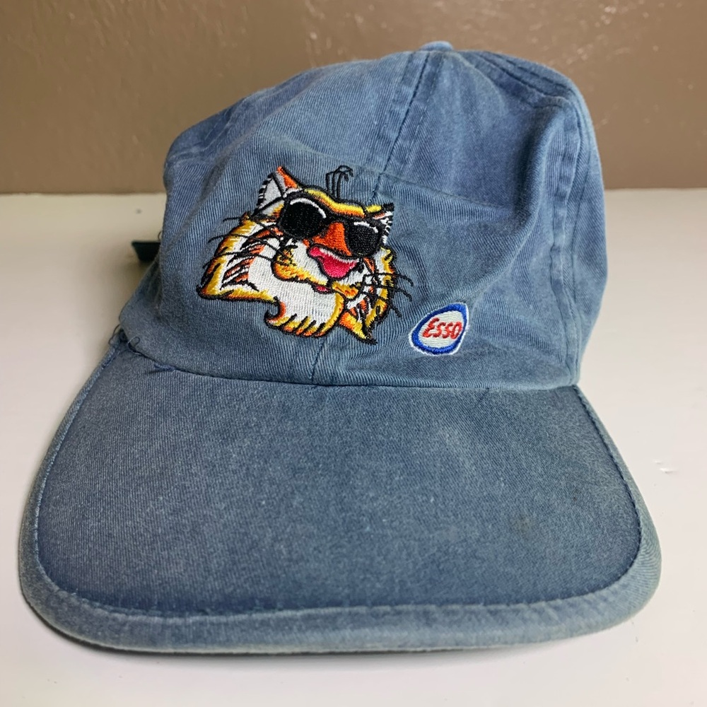Vintage Esso Blue Denim Cap with Tiger Embroidery